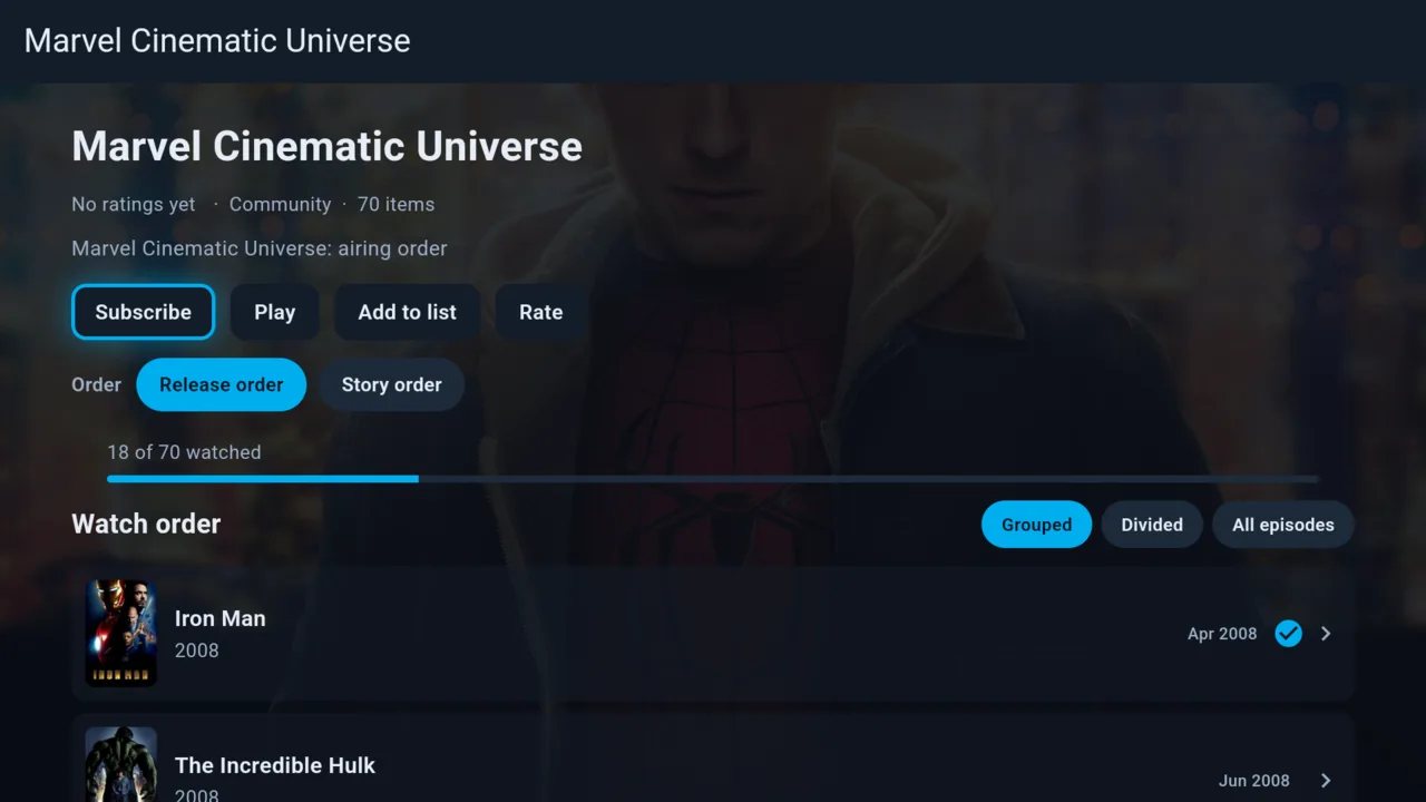 Marvel Cinematic Universe collection with release and story order and watch progress