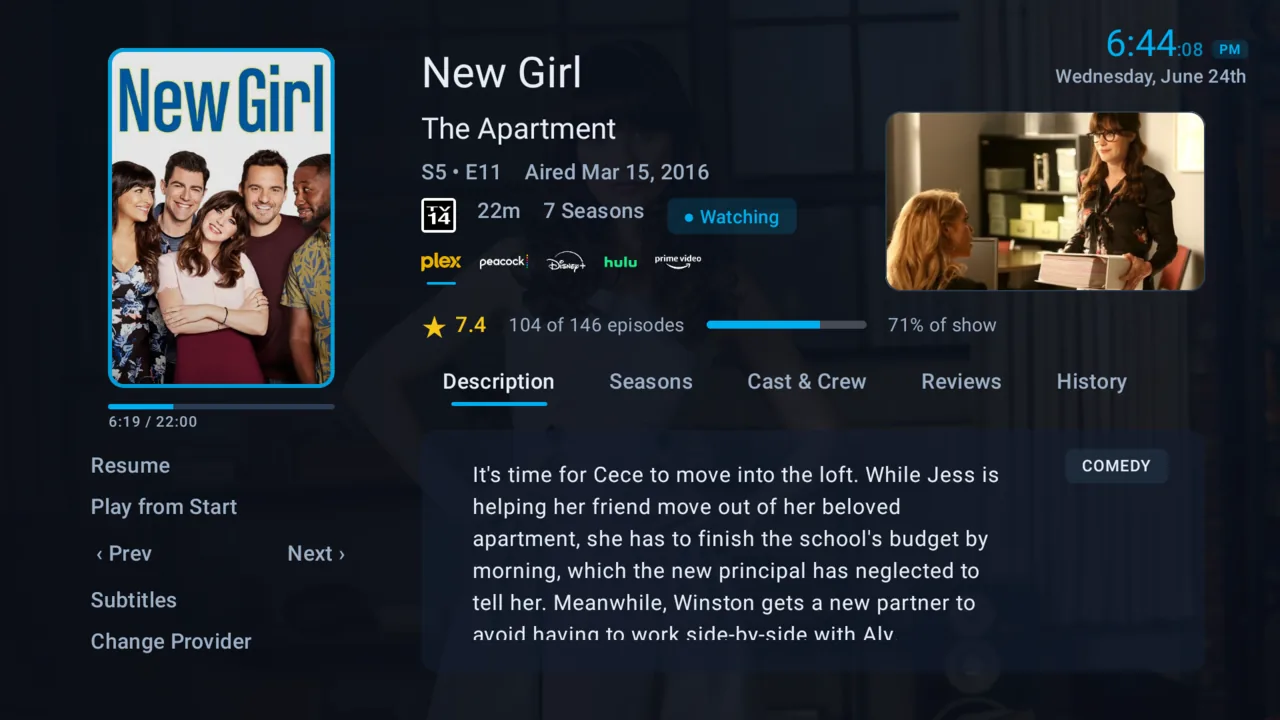 Continue Watching detail showing episode resume and provider badges
