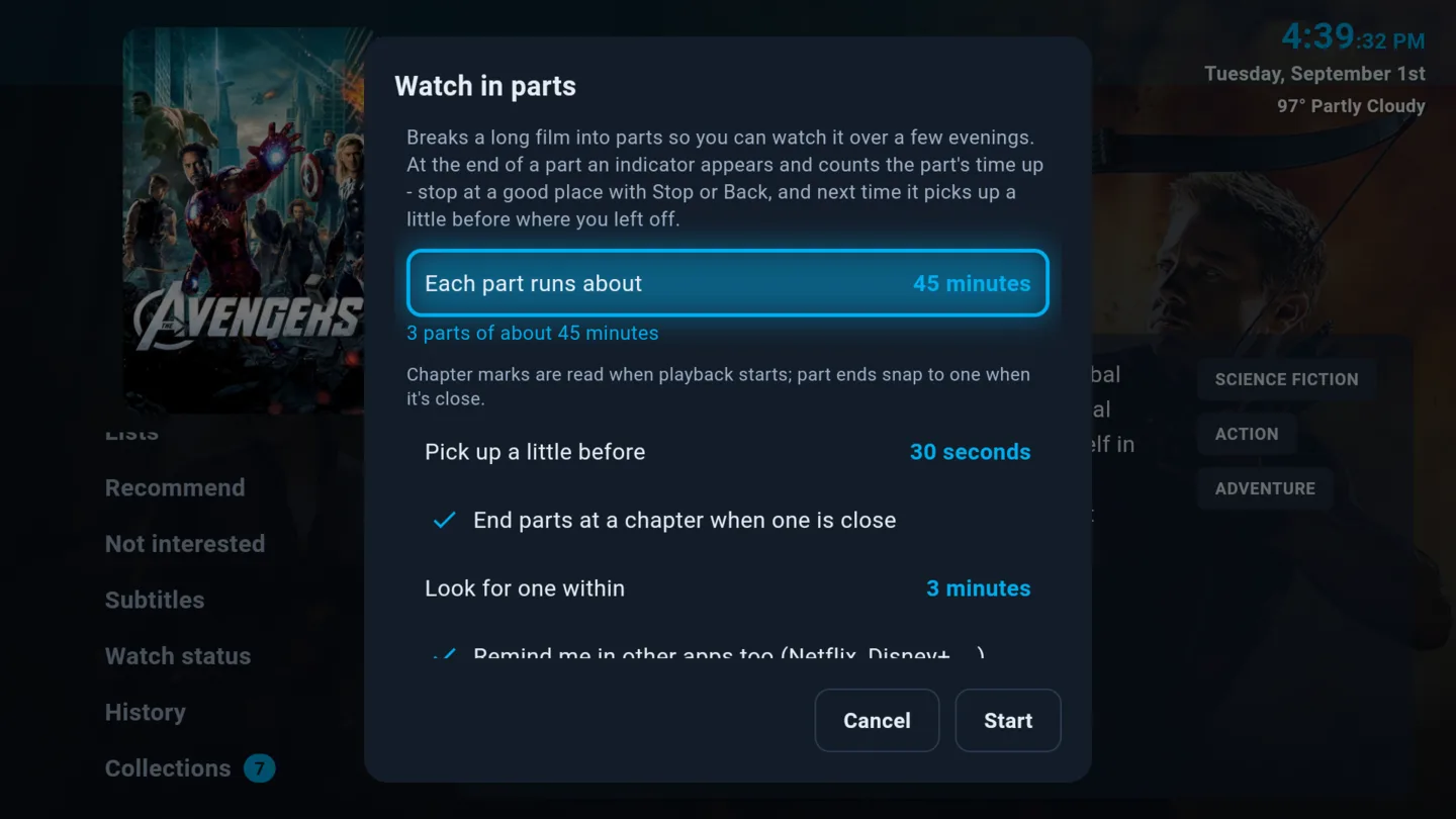 Watch in parts: a long film split into episode-sized chunks that snap to chapter marks