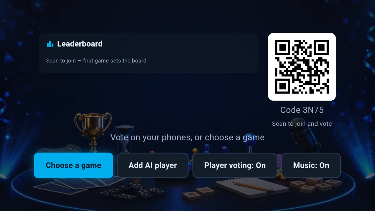 NaboTV game-night lobby with a QR code to join by phone and an Add AI player option