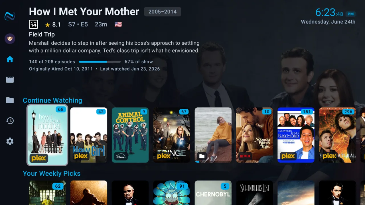 Unified home screen with personal media and streaming side by side