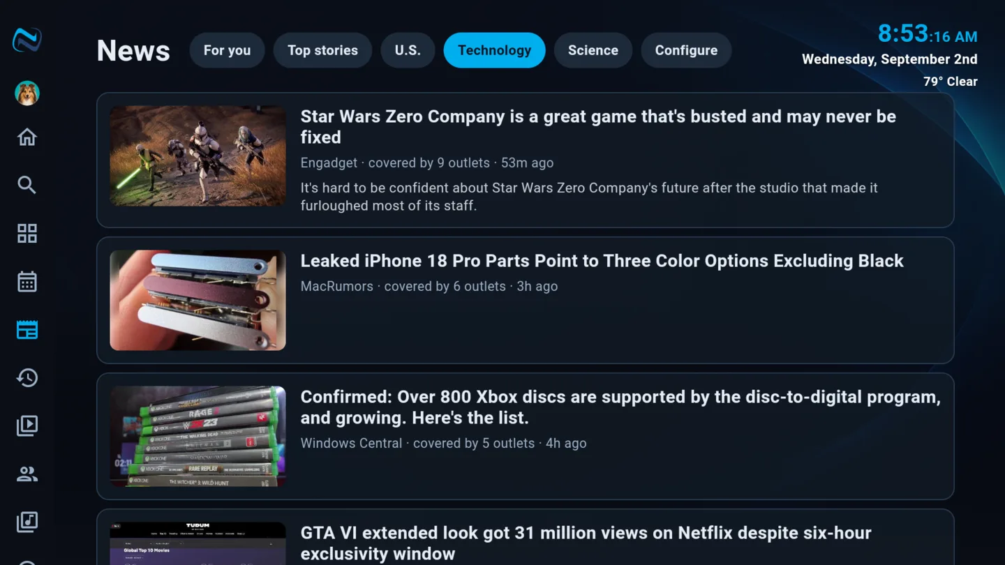 Technology headlines grouped by story, each showing how many outlets covered it
