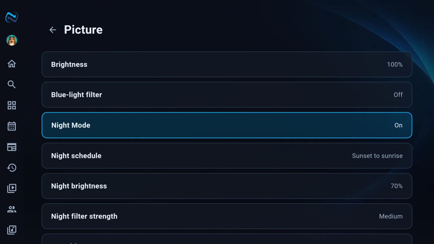 Night Mode with its schedule, night brightness and filter strength