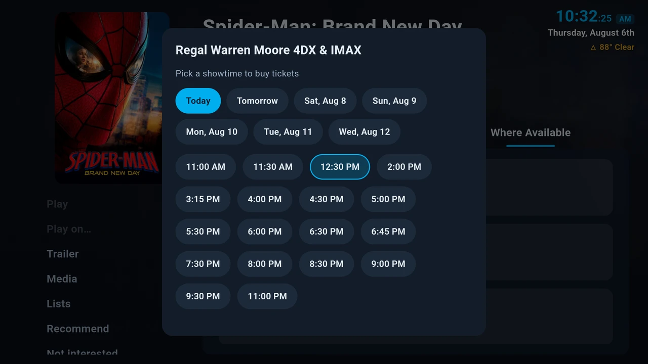 Pick a showtime from the couch - day and time grid for a nearby theater