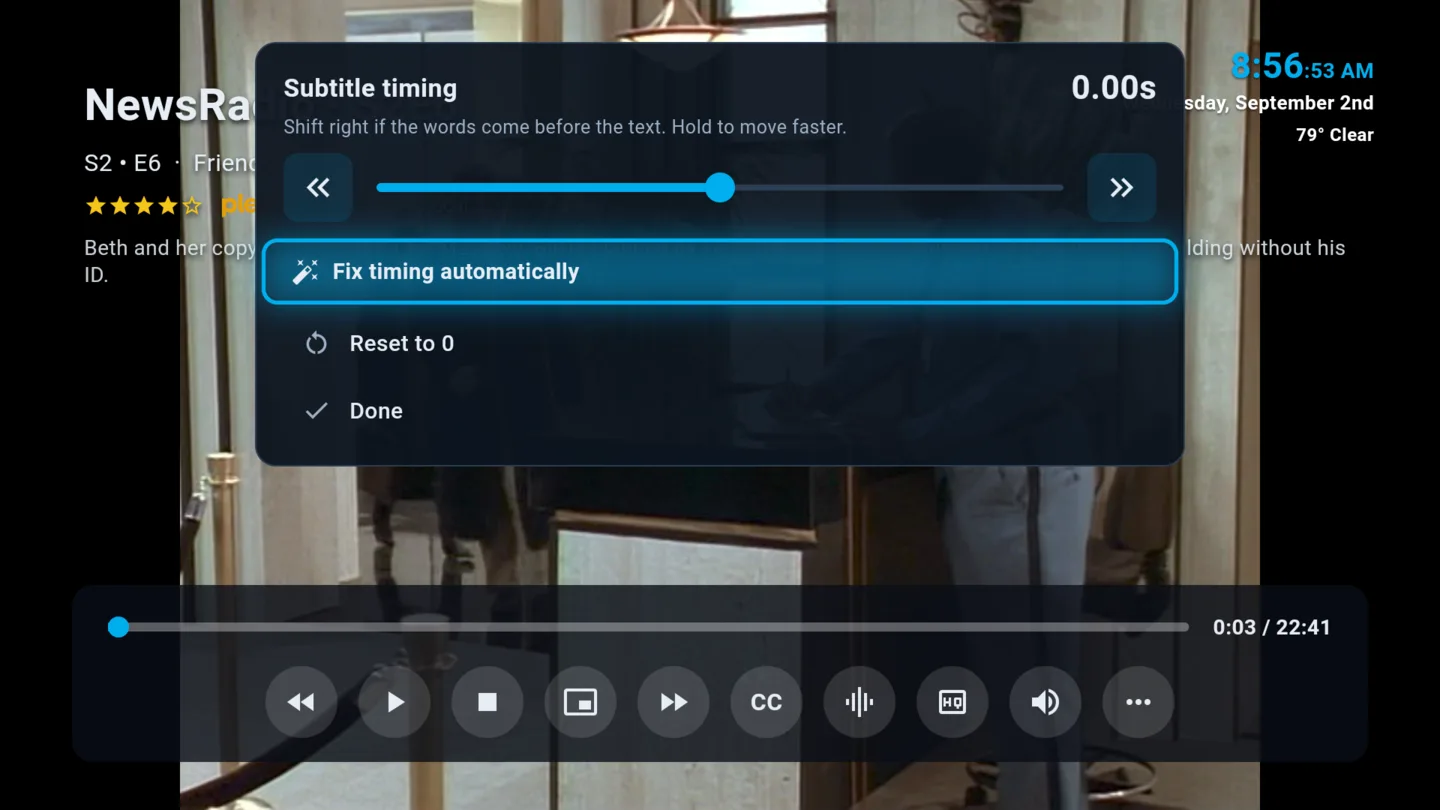 The subtitle timing panel during playback, with Fix timing automatically