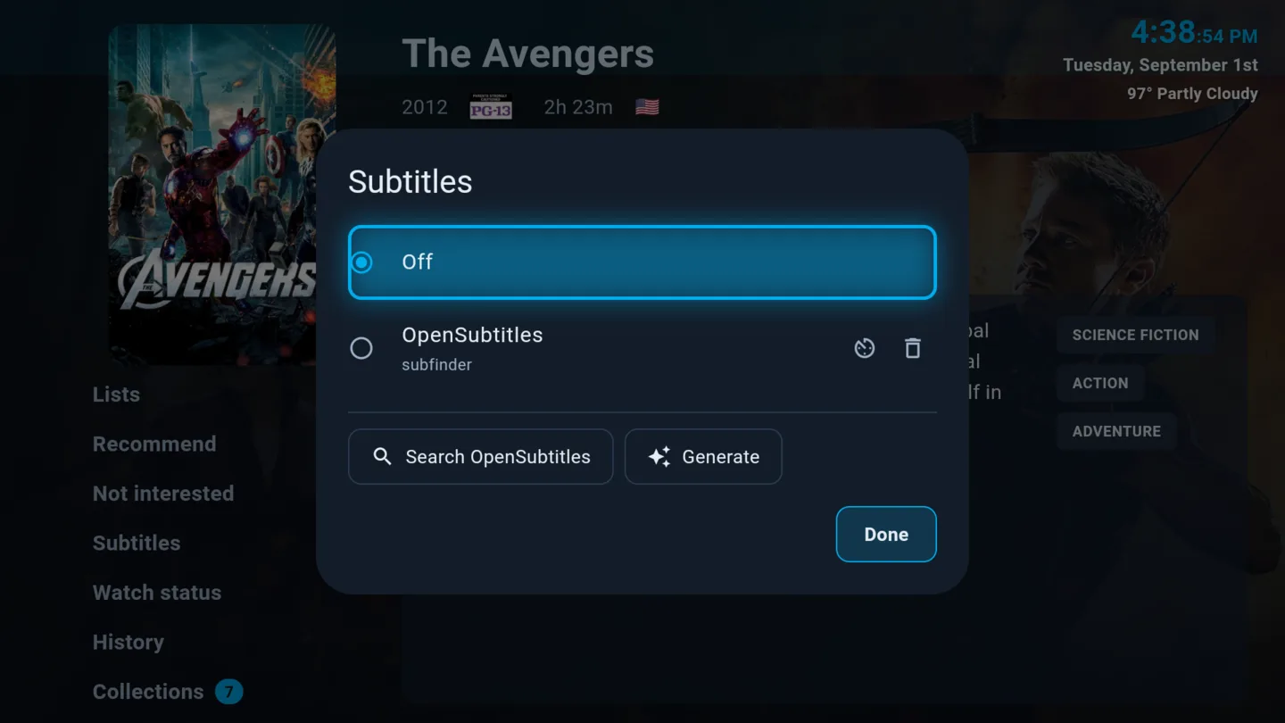 Subtitle tracks for a title, with Search OpenSubtitles and Generate