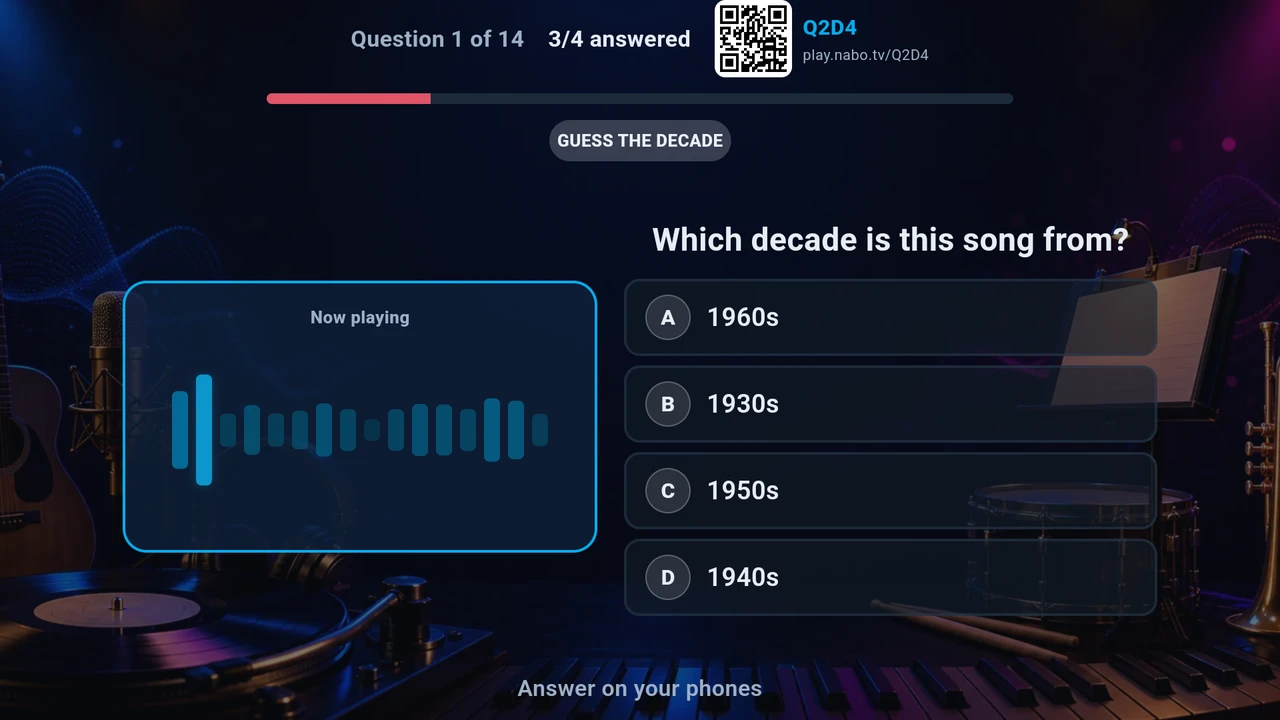 A live audio trivia round - guess the decade while the room answers on their phones