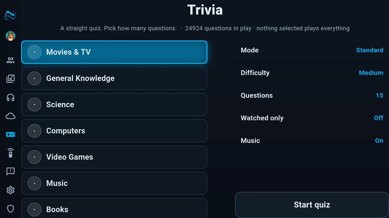 Trivia setup with nearly 25,000 questions across categories, difficulty and watched-only options